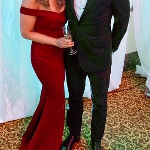 Burgundy off the shoulder formal dress